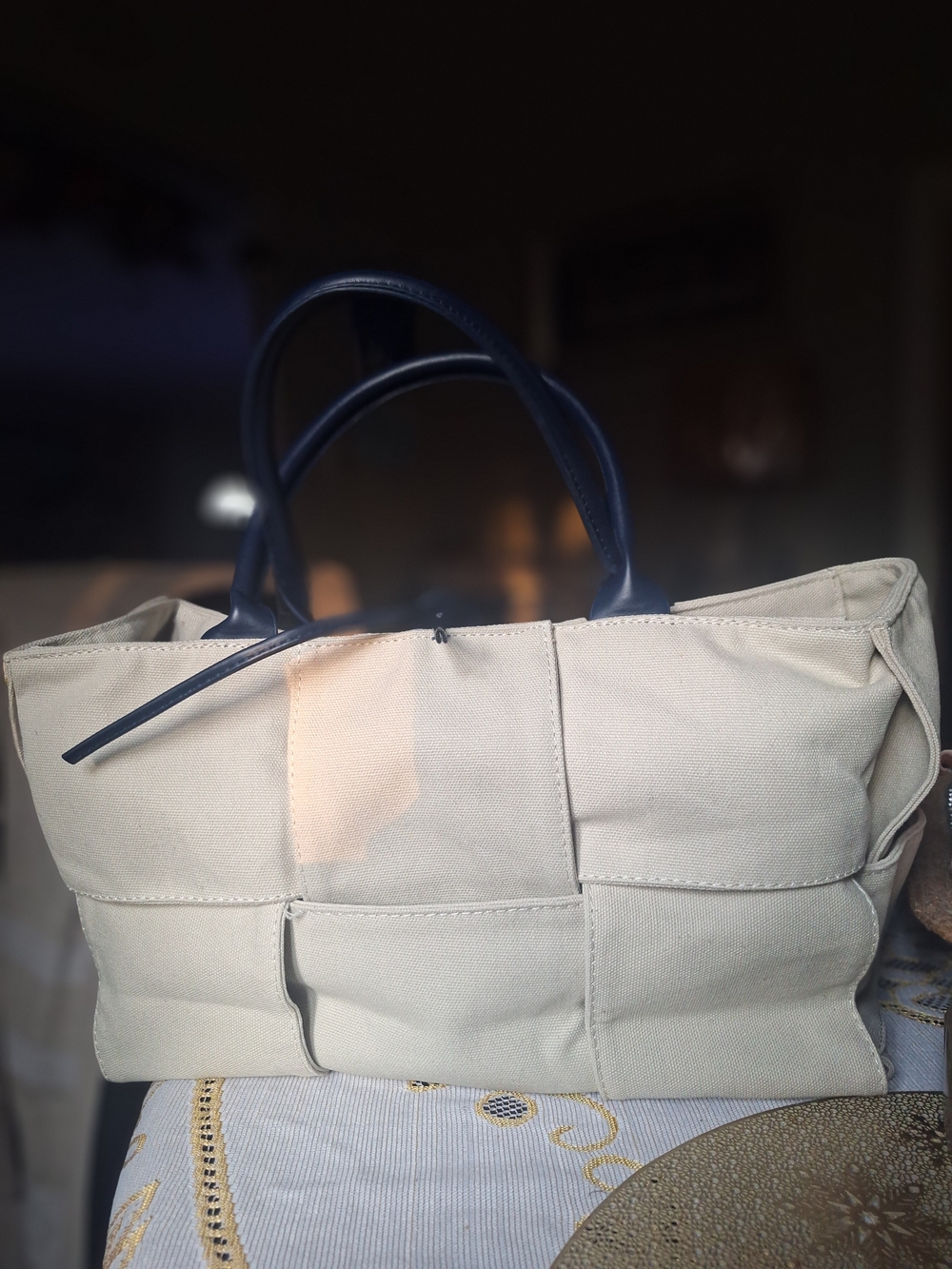 Neutral Canvas Tote Bag with Navy Handles - Women Bags